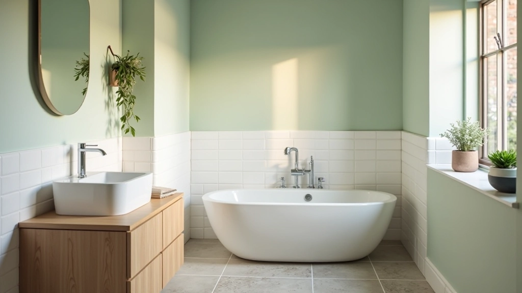 Bathroom with soft sage green walls and natural materials