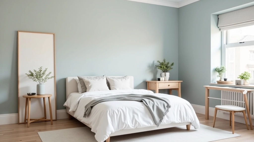 Bedroom with soft paint colours and natural materials