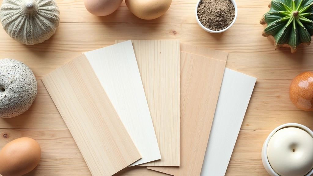 Selection of kitchen material samples including wood finishes, stone countertops, and paint swatches arranged on table