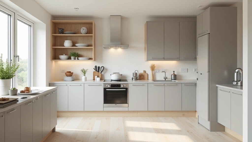 Completed modern kitchen with soft grey cabinetry, warm wooden countertop, and natural light from window
