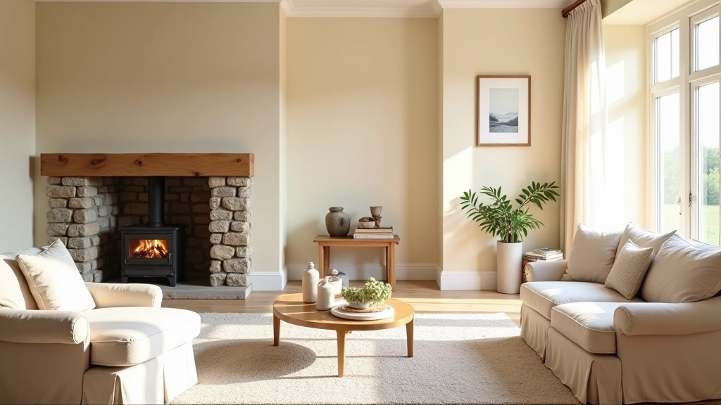 Irish cottage interior showing blend of traditional heritage elements with modern minimalist furnishings and warm natural tones