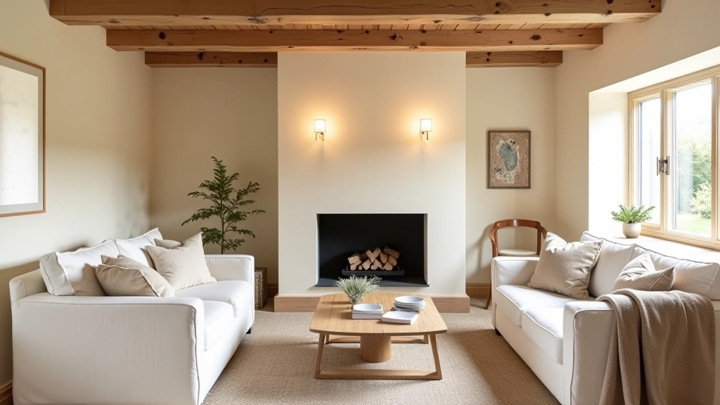 Living room with mixed textures, warm lighting, and neutral palette