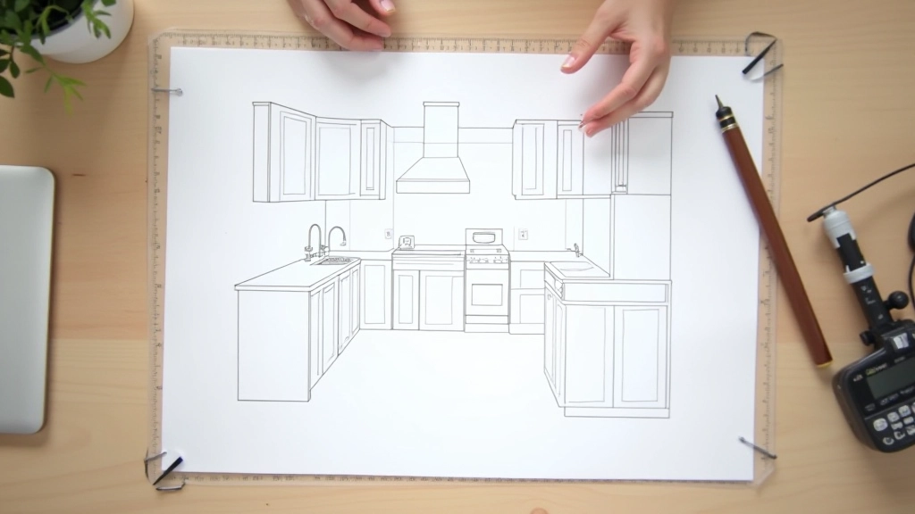 Kitchen layout sketches and measurements on paper with ruler and pencil, showing work triangle planning for renovation design
