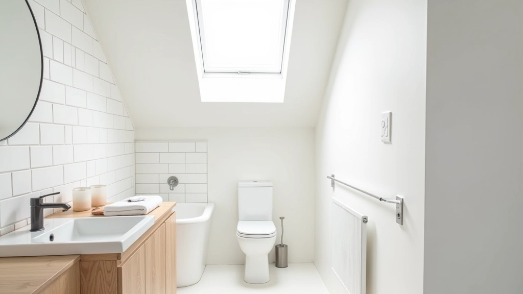 Minimalist bathroom with white fixtures and natural light, showcasing practical Irish design