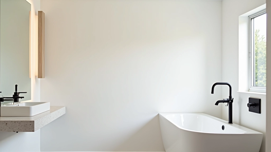 Bathroom interior with layered lighting design showing overhead LED panel, mirror task lights on both sides, and natural light from window with large reflective mirror