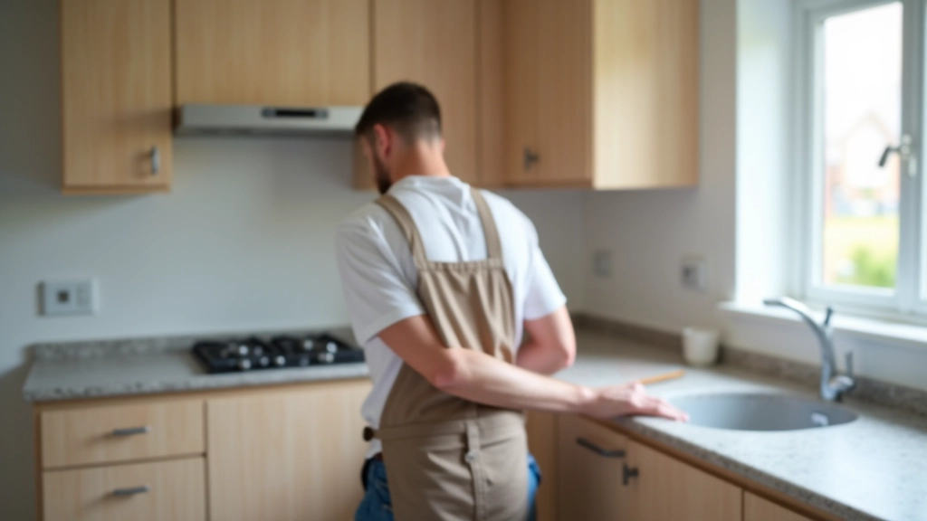 Tradesperson measuring kitchen cabinet installation with measuring tape and level tool during renovation work