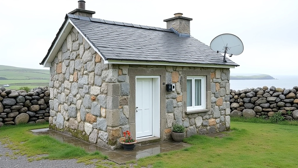 Weathered stone cottage wall showing paint durability challenges in Irish coastal climate with moss and moisture damage visible